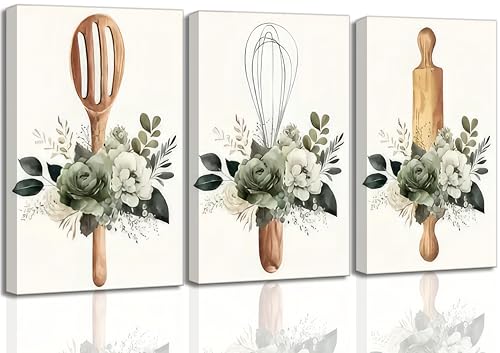 3 Pcs Sage Green Farmhouse Kitchen Canvas Wall Art Minimalist