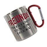 CreaLuxe Edelstahltasse mit Karabiner 'Freunde sind Familie die wir Uns aussuchen' Tasse bedruckt, Kaffeetasse, Bürotasse, Metalltasse mit Name