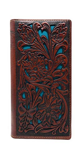 Western Genuine Leather Tooled Laser Cut Men's Long Bifold Wallet in 3 colors (Coffee/Turquoise) Coffee/Turquoise