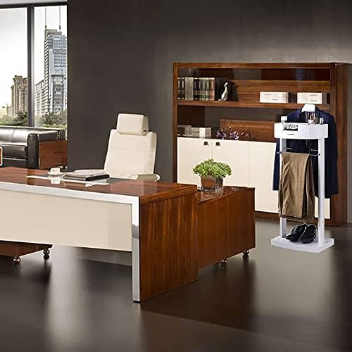 Solid Wood Suit Valet Stand with Drawer and Shelf Floor Standing Clothes Nizer for Office and Bedroom Brown Wood Finish,White