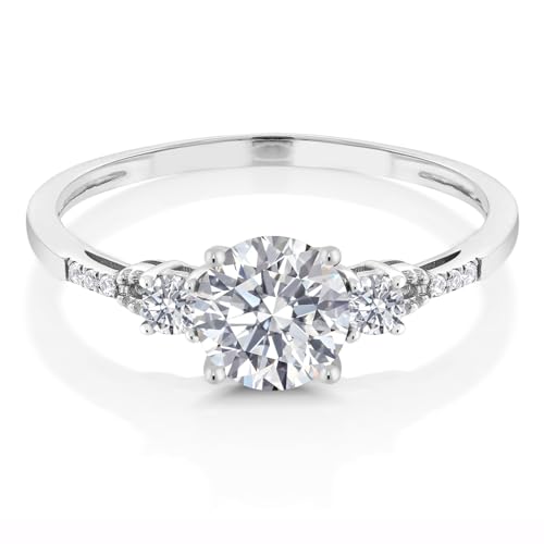 Gem Stone King 10K White Gold 6MM Round Gemstone Birthstone White Created Sapphire & White Diamond Accent 3-Stone Engagement Ring | Three-Stone Wedding Anniversary Promise Ring For Women2