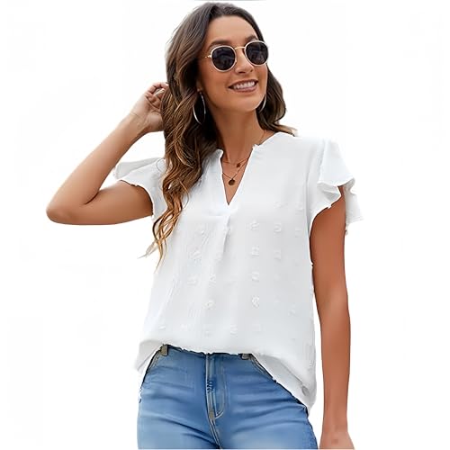 Satohom Camisa de gasa para mujer, manga corta con volantes, para verano, playa, vintage, cuello en V, blusa casual suelta para mujer, camiseta básica para mujer elegante, color blanco, negro, rosa