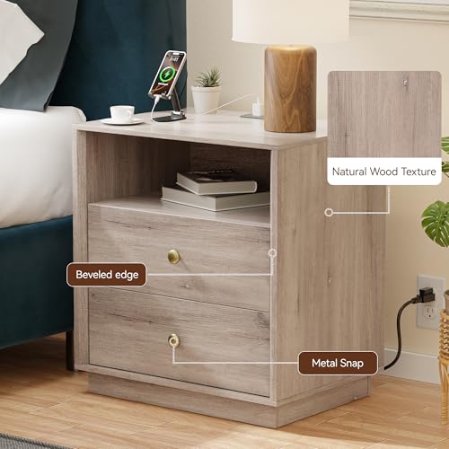 Image of Nightstand with Charging Station Set of 2, Wide Bedside Table with 2 Storage Drawer and Open Wood Shelf, Night Stand for Bedroom, Side Table, End Table, Grey