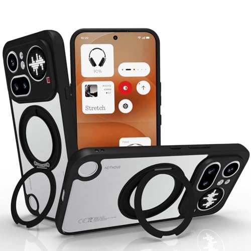 Image of RIGGEAR Shockproof Sleek Hybrid Armor 360 Rotating Magnetic Ring Stand Back Cover Case Compatible with MagSafe Accessories for Nothing Phone 4a Pro 5G (Clear PC + Black TPU Bumper)