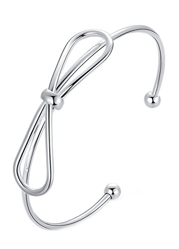 Greendou Fashion Jewelry 925 Sterling Silver Plated Bow-Knot Double Round Head Open Bangle Bracelet