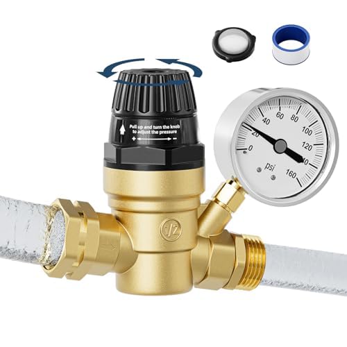 SPECILITE RV Water Pressure Regulator Valve, Adjustable Handle Brass Lead-Free Pressure Reducer with Gauge and Inlet Filter for Camper Travel Trailer