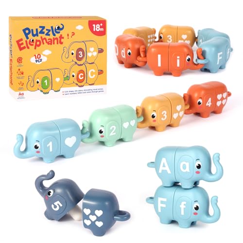 Chelpopo 10PCS Elephant Number & Alphabet Learning Toys for Toddlers 2-4, Toddler Preschool Learning Activities, Educational Montessori Toys for 2 Year Old, Double Sided Matching Game 1-10 & A-J