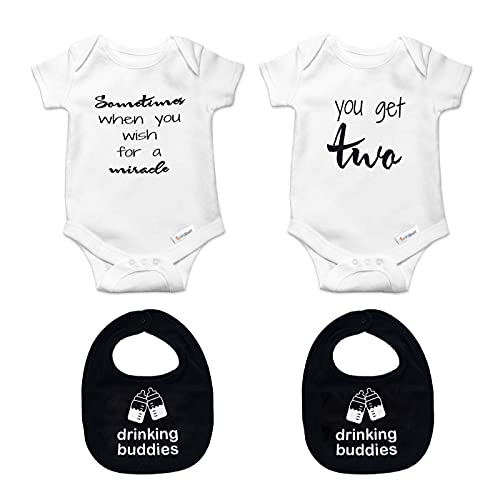 Image of Twinstuff Twin Unisex Pack Baby Girls & Boys Outfits, Perfect Newborn Twins 4 Items Set. Drinking Buddies Bibs Bundle With Miracle Ramper.