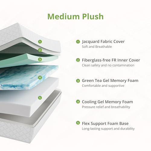 Image of EGOHOME 10 Inch King Mattress, Memory Foam Mattress in a Box with Cooling Green Tea Gel, Relieve Pressure with Medium Plush Support, CertiPUR-US Certified, 80''L x 76''W, White