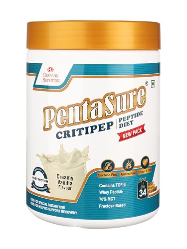 Image of PentaSure Critipep Peptide Diet Powder | Creamy Vanilla Flavor - 400g | 100% Whey Peptide, MCT, Fructose Based Nutritional Supplement Drink | 34 Vital Nutrients | 20g Protein per 100g