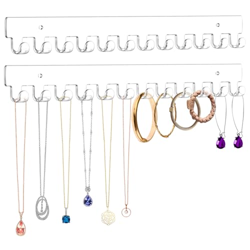 Mecnmsa 13.8 inch Acrylic Necklace Holder 2 Pack Wall Mounted Necklace Organizer Hanging Jewelry Organizer with 12 Hooks for Necklaces Bracelets Rings and Bangles Display