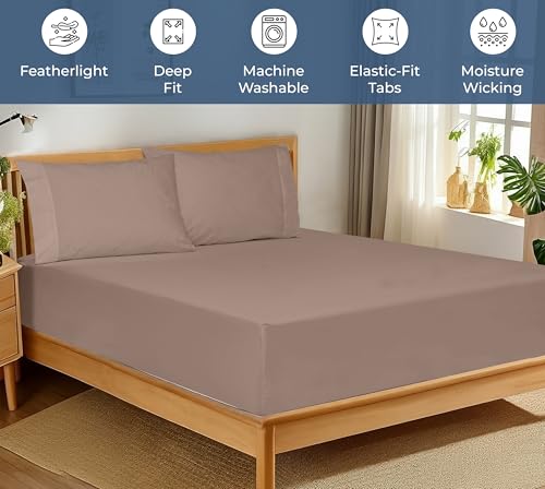 Image of Royale Linens 100% Organic Cotton Fitted Sheet - Percale Weave - Super Soft Deep Pocket Bottom Sheets - Mocha Elastic Sheet Twin Size - Twin Fitted Sheets Only - (39 inchx80 inch+15 inch, Mocha)