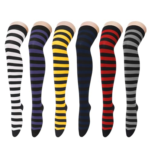Zando 6 Pairs Striped Thigh High Socks for Women - Knee Highs Cosplay Stockings Leg Warmers with Colored Stripes