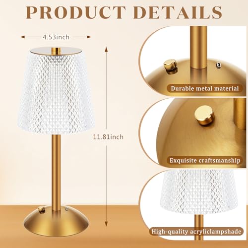 Image of Liliful 2 Pcs Cordless Table Lamp Rechargeable Touch LED Small Gold Portable Battery Operated USB-c Desk Lamp 3 Color Dimmable for Bedroom Living Room Dining (Gold,Crystal Cut Style)