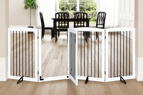 PUPETPO Puertas independientes para perros con puerta, puerta para perros para escaleras, puertas de perro de 80 pulgadas de ancho para interiores, vallas para perros interiores, pies de apoyo