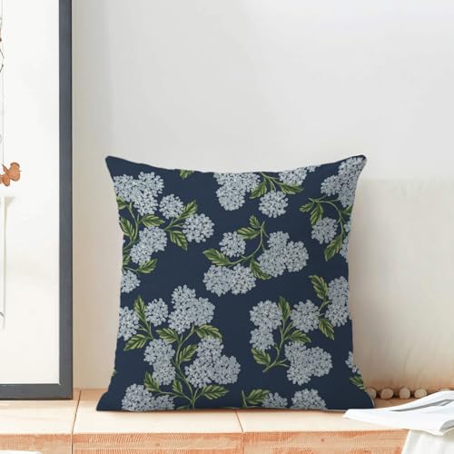 Image of AEIOAE Spring Pillow Covers 18x18 Inch Set of 2, Navy Blue Green Hydrangea Flower Throw Pillows Case,Floral Summer Outdoor Seasonal Decorative Farmhouse Decor Cushion Covers for Home Sofa Bed Couch