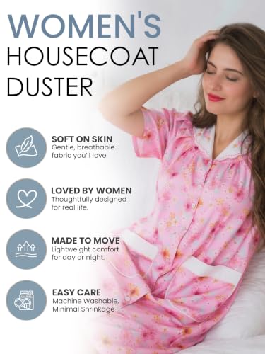 Image of Casual Nights Women's Snap - Front House Dress Short Sleeve Woven Housecoat Duster Lounger Robe with Pockets