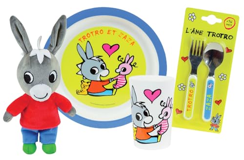 TROTRO LOT VAISSELLE POUR ENFANT AVEC 1 VERRE 220 ML, 1 ASSIETTE Ø22 CM, 2 COUVERTS H.13.5 CM ET 1 PELUCHE +/- 23 CM - VAISSELLE REUTILISABLE