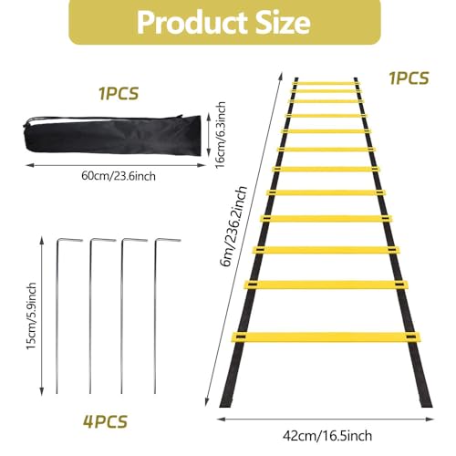 6m Échelle D'agilité 12 Echelon Avec Sac de Rangement et 4 Poteaux Accessoires D'entraînement de Football Réglable Échelle de Coordination Utilisé Pour le Football Basket-ball, Pour Adultes et Enfants – Image 3
