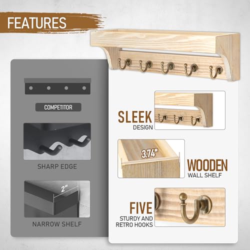 Image of Rebee Vision Farmhouse Pine Wood Key Holder Wall Mount for Room Decor - Rustic Key Holder for Wall with Shelf for Small Plant and Cute Things - Ideal Entryway Organizer in House (Natural Wood)