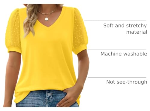 Image of Aokosor Womens Summer Tops V Neck T Shirts Swiss Dot Puff Sleeve Tops Loose Casual Tshirts
