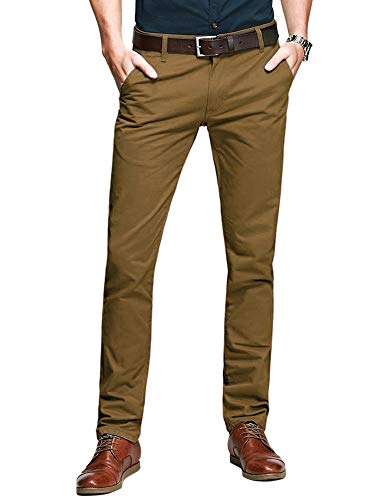 OCHENTA Mens Tapered Flat Front Casual Dress Pants, Chinos Pants Men 169 Dark Khaki Lable 34