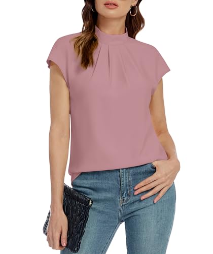 Image of Funlingo Womens Summer Tops Mock Neck Short Cap Sleeve Blouses Business Casual Work Chiffon Shirts Front Pleated Tunic Top