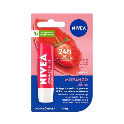 NIVEA Hidratante Labial Morango Shine - Cuidado intensivo para seus lábios, hidratação prolongada, delicioso aroma de morango, pigmentos brilhantes e cor delicada - 4,8g