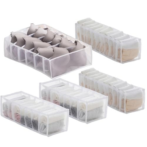 YNR Organizador de ropa plegable para armario, 5 piezas, cajas de almacenamiento de rejilla de malla, lavable, portátil, para camisetas, faldas, jeans, ropa interior, suéteres, leggings