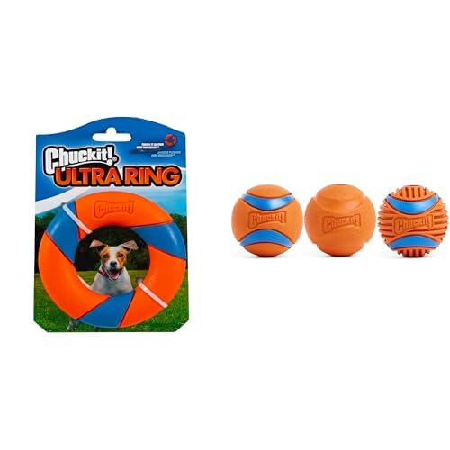 Chuckit UltraRing Fetch Dog Toy Bundle with 2 5-inch Medium Dog Balls Set of 3 - Interactive Outdoor