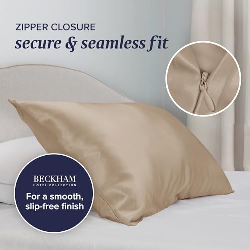 Image of Beckham Hotel Collection Silk Pillow Case with Zipper, 100% Mulberry Silk Pillowcase for Hair & Skin, 22 Momme 6A Grade, Oeko-TEX Certified, 1PC, King, Champagne