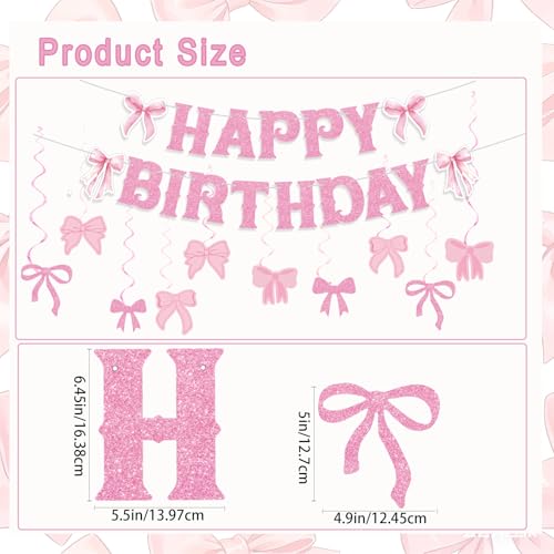Image of Pink Bow Birthday Decorations - Happy Birthday Banner & Garland with 10 Pink Bows for Girls' Coquette Parties