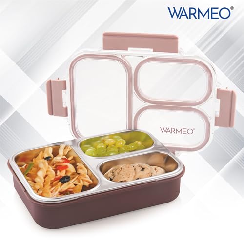 Image of WARMEO BENTO Microwave-Safe Stainless Steel Lunchbox with 3 compartments,bpa Free,Perfect for Office, School, Travelling, 750ml-brown
