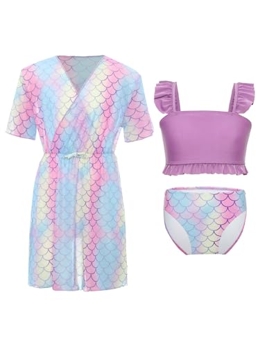 Kaerm 3Pcs Cover Up Swimsuit Girls Tankini Swimwear Short Sleeve Mesh Cover Up Beach Dress Bikini Set