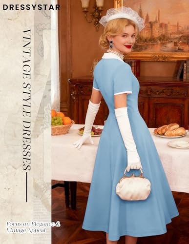 Image of Dressystar Women's 1950s Vintage Swing Dress Short Sleeve V Neck A Line Retro Rockabilly Cocktail Party Dresses With Pockets