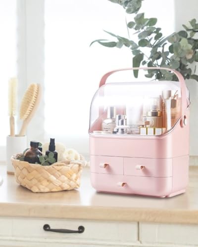 Image of LINFIDITE Cosmetic Storage Box with Lid Waterproof&Dustproof Makeup Organizer Box Portable Handle,Large Makeup Display Case with Drawers Fully Open Lid,Great for Bathroom Countertop Bedroom Dresser