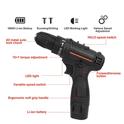 Akku-Bohrmaschine Eingebauter LED-Elektroschrauber 12V Schwarz Schnelllade-Elektrowerkzeuge EU-Stecker 100-240V – Bild 5