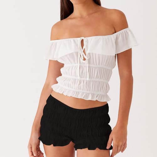 Image of NUFIWI Women's Y2k Ruched Mini Shorts Low Waist Ruffle Frill Bloomers Lounge Pajamas Smocked Micro Shorts Sleepwear