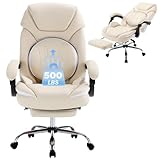linting 500lbs Fully Reclining Office Desk Chair with Foot Leg Rest, Wide Seat Comfortable Ergonomic Recliner Office Chair with Lumbar Support, Beige