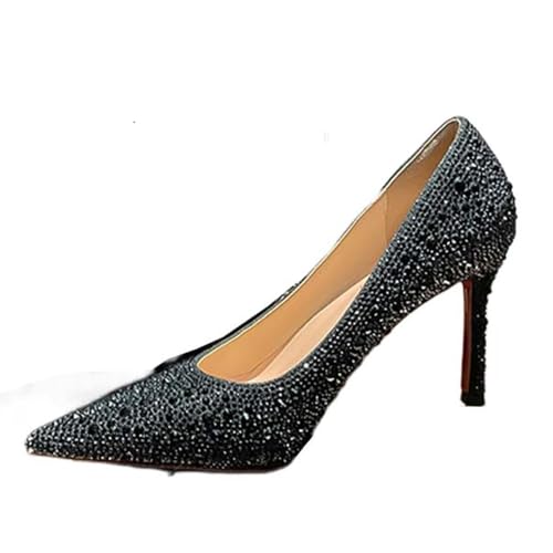 Escarpins noirs à bouts pointus avec strass et talons hauts de 10cm pour femme