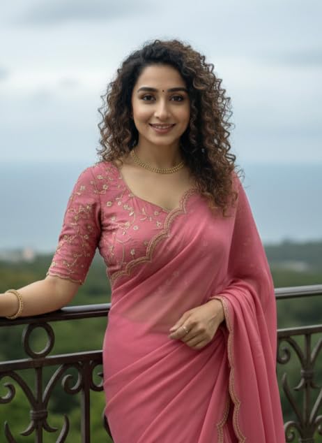 Image of Chinon Silk Saree with Embroidered Blouse, Traditional Georgette Saree, Elephant Embroidery Pattern, V-Neck Design, Free Size, Festival Wear