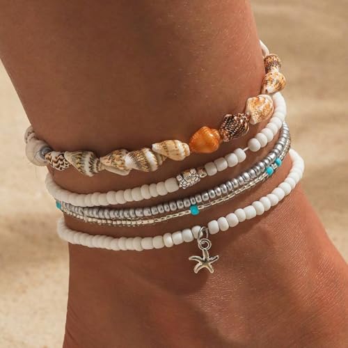 Image of Qceasiy Bead Ankle Bracelets Set For Women, Adjustable Gold Plated Boho Shell Anklet, Hawaiian Beach Seashell Pearl Disc Starfish Conch Foot Jewelry, Summer Fashion Gifts