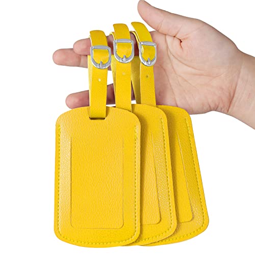 Vividwise Luggage Tags with Name ID Card, Leather Luggage Suitcases Tag for Bag Baggage Travel Accessories 3 Pack (Yellow)