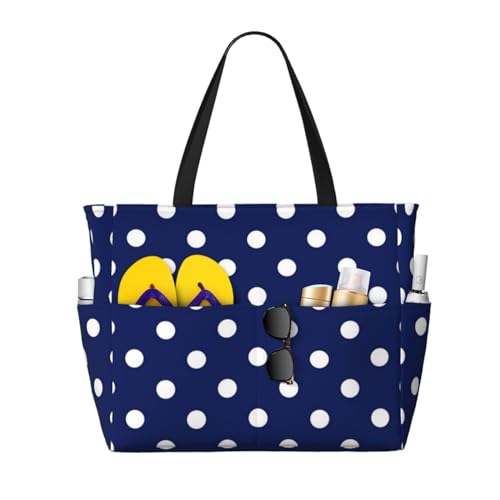 Grand sac de plage pois bleu marine à poignées et bandoulière femme