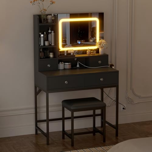 GarveeHome Makeup Vanity Desk and Stool with Mirror Vanity Desk with Lights in 3 Colors, Girls Vanity Table with Charging Station, 4 Drawers, 6 Storage Shelves for Bedroom, Black