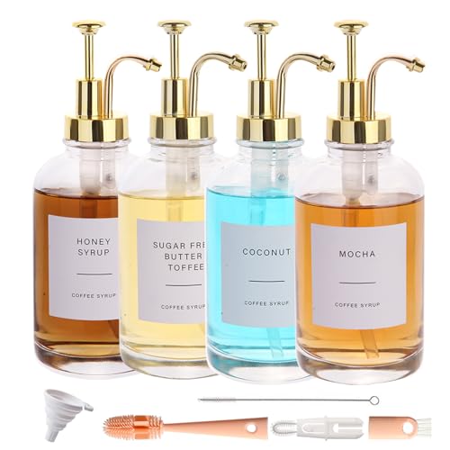 Coffee Syrup Dispenser-4pack,16.9 oz 500ml,Coffee Bar Accessories,Syrup Pump Dispenser for Coffee Bar,Contains Cleaning Tools, Funnel