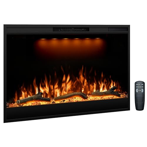 Dreamflame Electric Fireplace Inserts 36inches Wide, Recessed in Wall Fireplace Heater w/Remote Control, 3 Colors Led Top Light& Realistic Flame w/ 5 Brightness, Thermostat, 750W/1500W, Black
