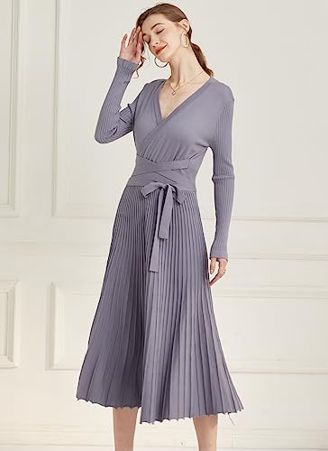 Image of RanRui Womens Winter Fall Pleated Knitted Fit and Flare Long Sleeve Sweater Dress