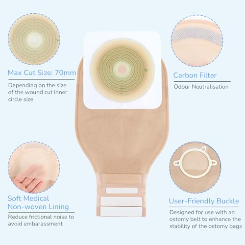 60 Stück Stomabeutel, 2-teilige Colostomiebeutel, Auslassbare Beutel mit Verschluss für Ileostomie-Stomapflege, Zuschneidbar bis max. 70 mm (40 x Colostomiebeutel + 20 x Hautschutz)