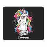 Generisch Mauspad Einhorn Hipster Unicorn mit Wunschtext, Einhorn mit Brille und Regenbogenmähne, Schwarz, 22 x 18 cm, 5 mm dick